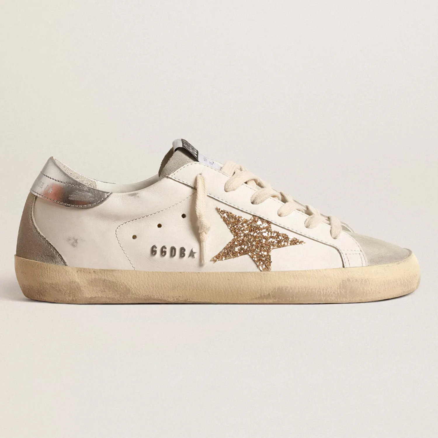 Womens Super Star with gold glitter star and ice gray suede inserts